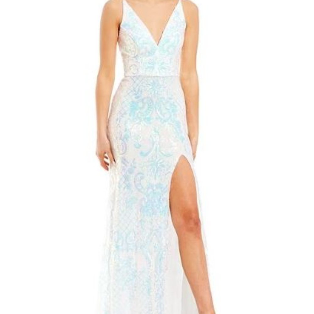 Blondie Nites Womens V Neck Side Slit Sequined Long Dress Juniors 9 New